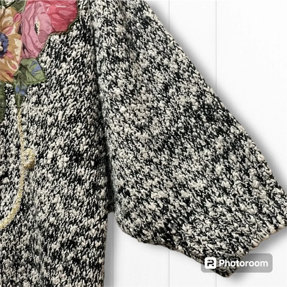 Focal Point vintage sweater 2X dolman sleeve tapestry floral pattern on blk/wht